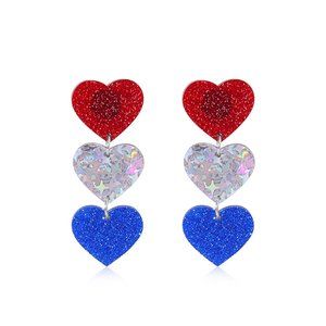Patriotic Acrylic Glitter Heart Dangle Earrings USA 250th
